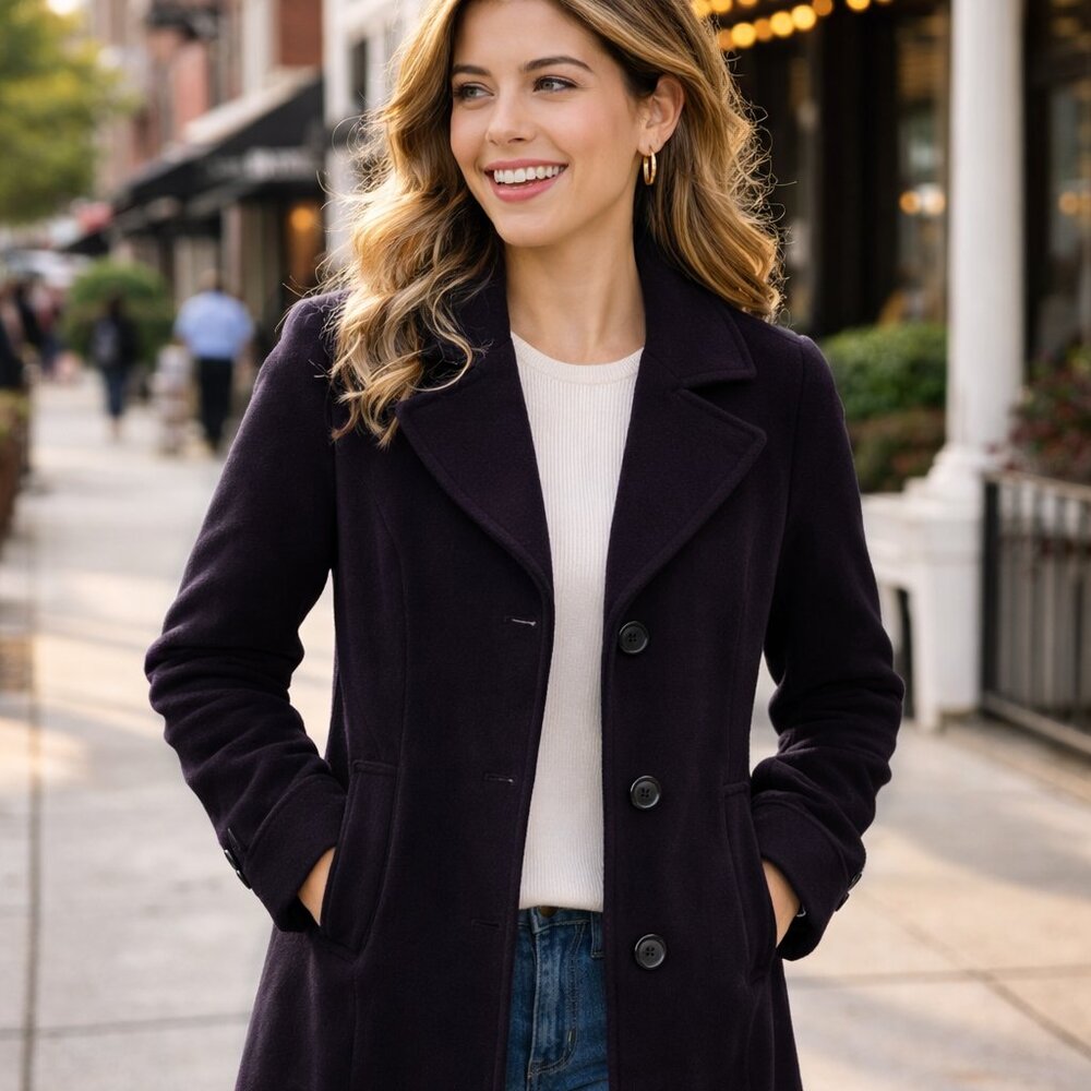 L.L. Bean Women's Classic Dark Purple Lambswool Polo Peacoat | 3/4-Length Sz 10